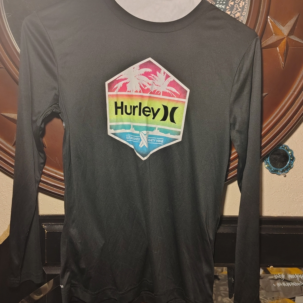 Hurley Black Long Sleeve Logo Rash Guard with Rainbow Graphic
